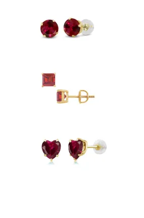 18k Yellow Gold Plated 1/4Cttw 4mm Created Ruby 3 Pair Round, Square and Heart Stud Earrings