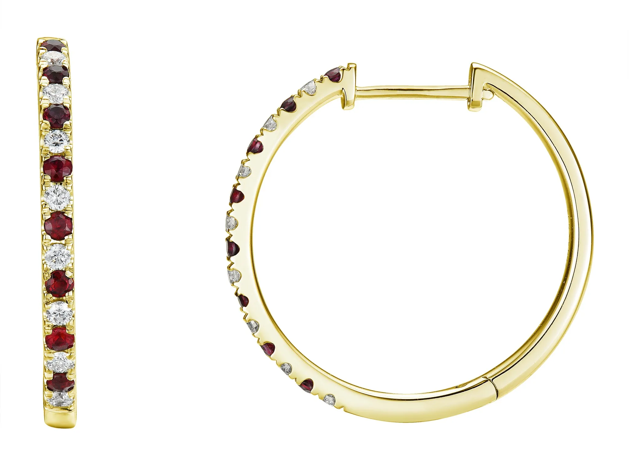 18K Yellow Gold Ruby & Diamond Hoop Earrings