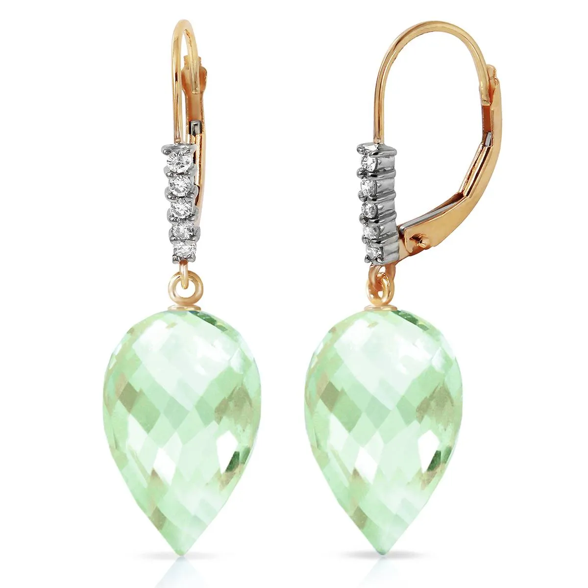 19.15 Carat 14K Solid Yellow Gold Drop Briolette Green Amethyst Diamond Earrings