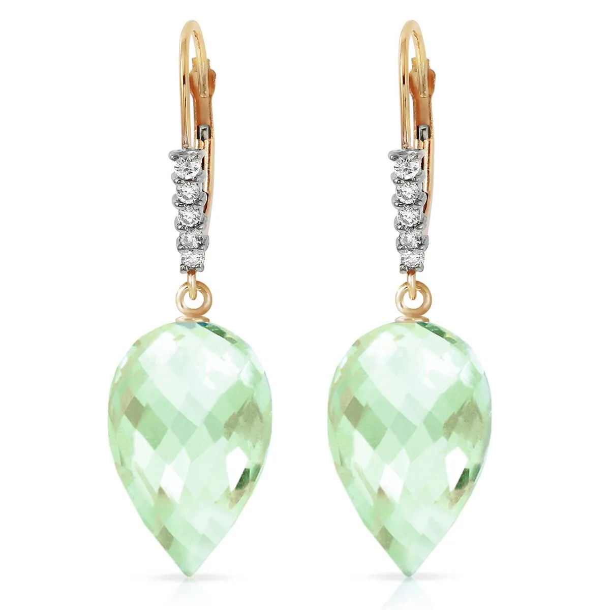 19.15 Carat 14K Solid Yellow Gold Drop Briolette Green Amethyst Diamond Earrings