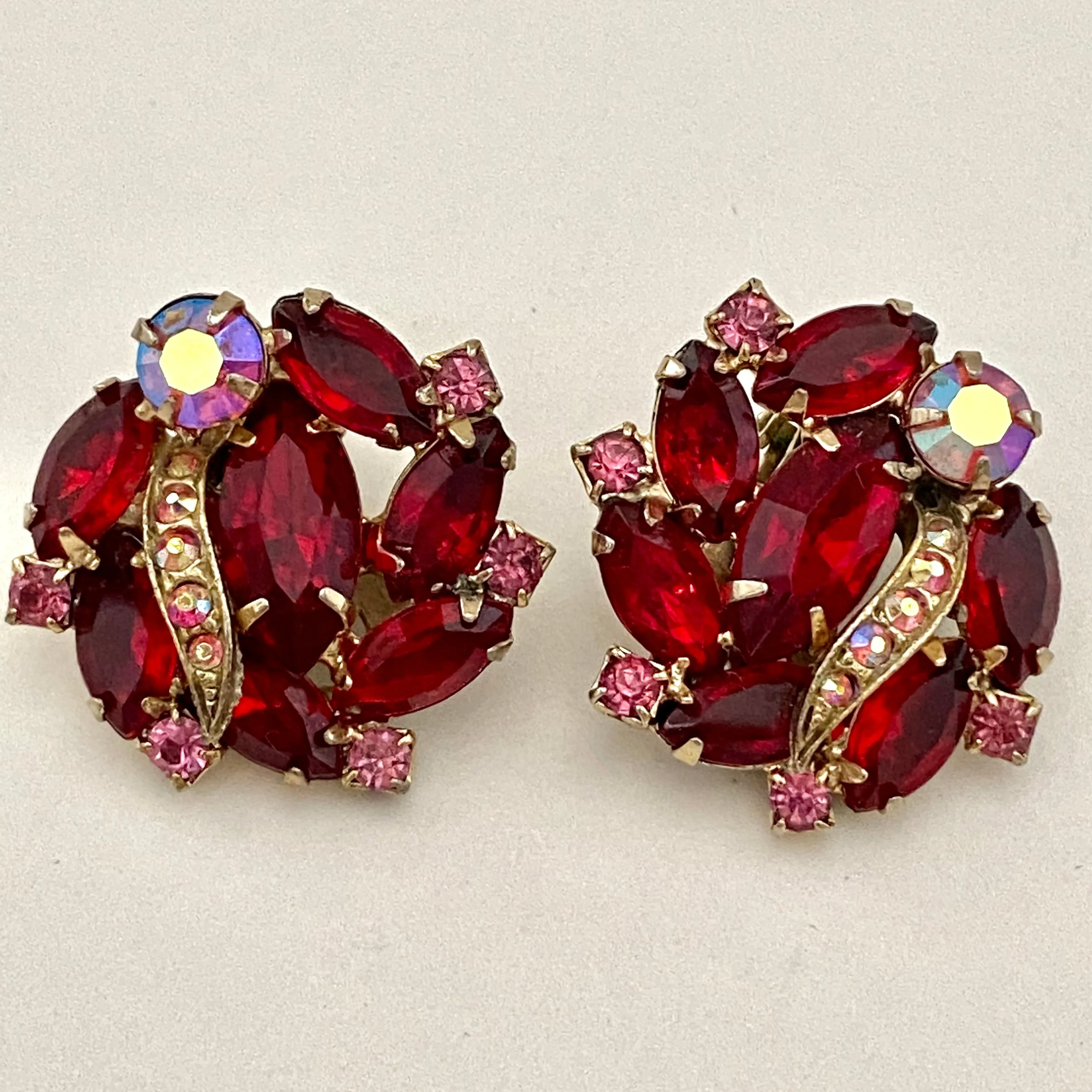 1950s Red Marquise Rhinestone Earrings