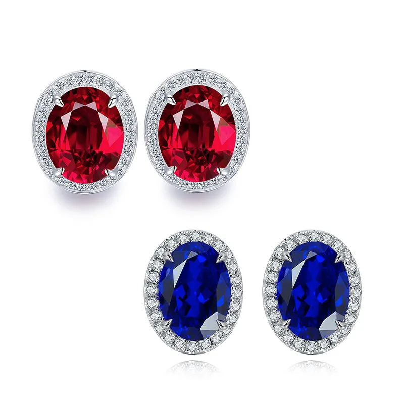 2.0 Carat Oval Lab Created Gemstone Halo Stud Earrings in S925 Silver Plating