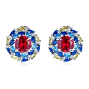 2.0 Carat Round Lab-Created Ruby Stud Earrings with Double-Layer Colored Halo in S925 Silver Plated Platinum