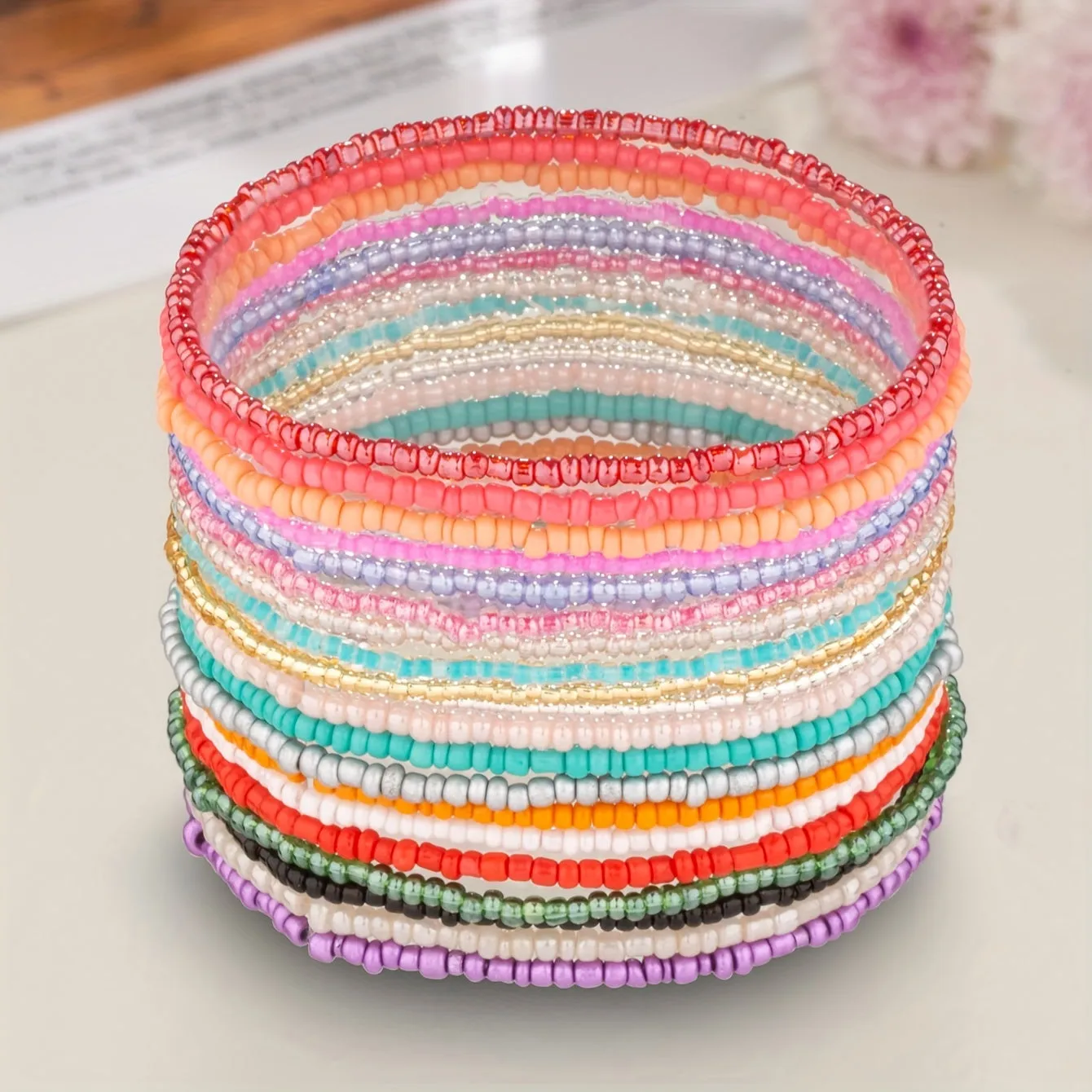 20 Pcs Vintage Bohemian Glass Beans Bracelet Set - Vibrant Charm Stackables for Women - Adjustable, Authentic Style, Ideal Gift