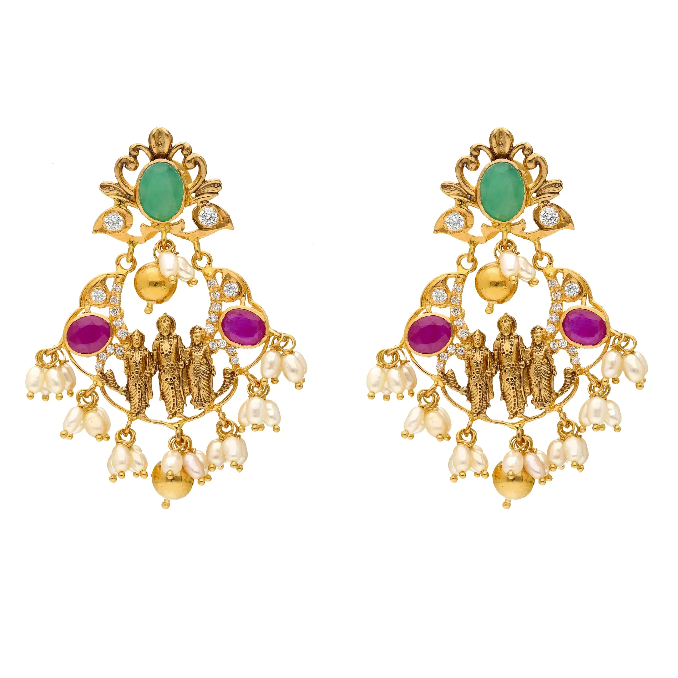 22K Yellow Gold, Emerald, Ruby, Pearls and CZ Chandbali Temple Earrings (15.8 grams)