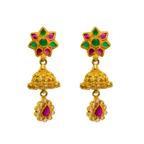 22K Yellow Gold Jhumki Earrings W/ Rubies, Emeralds, CZ Gems & Ornate Flower Designs