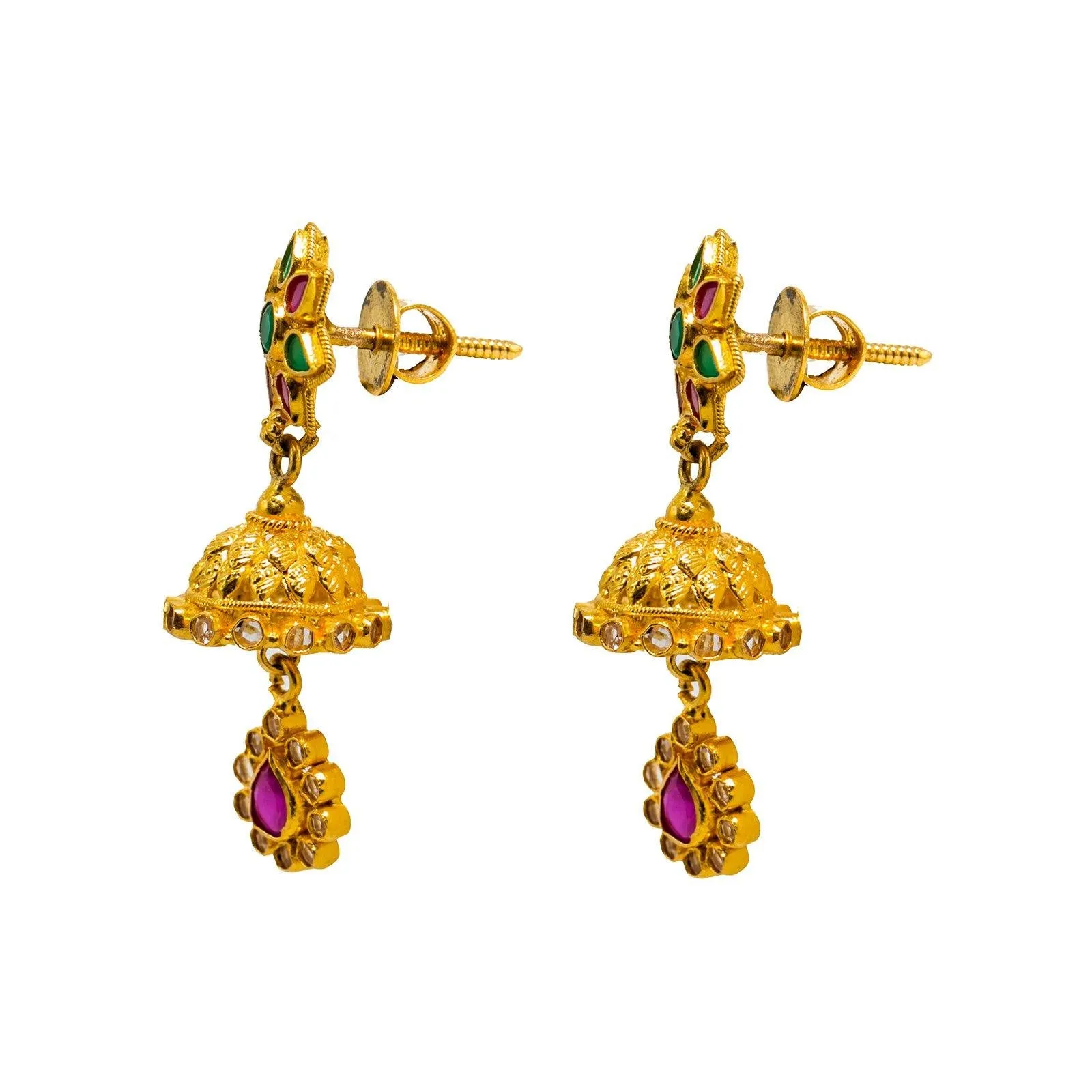 22K Yellow Gold Jhumki Earrings W/ Rubies, Emeralds, CZ Gems & Ornate Flower Designs