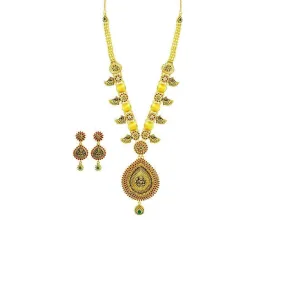 22K Yellow Gold Necklace & Earrings Set W/ CZ, Ruby, Emeralds, Pear Shaped Laxmi Pendants & Gold Ball Accents