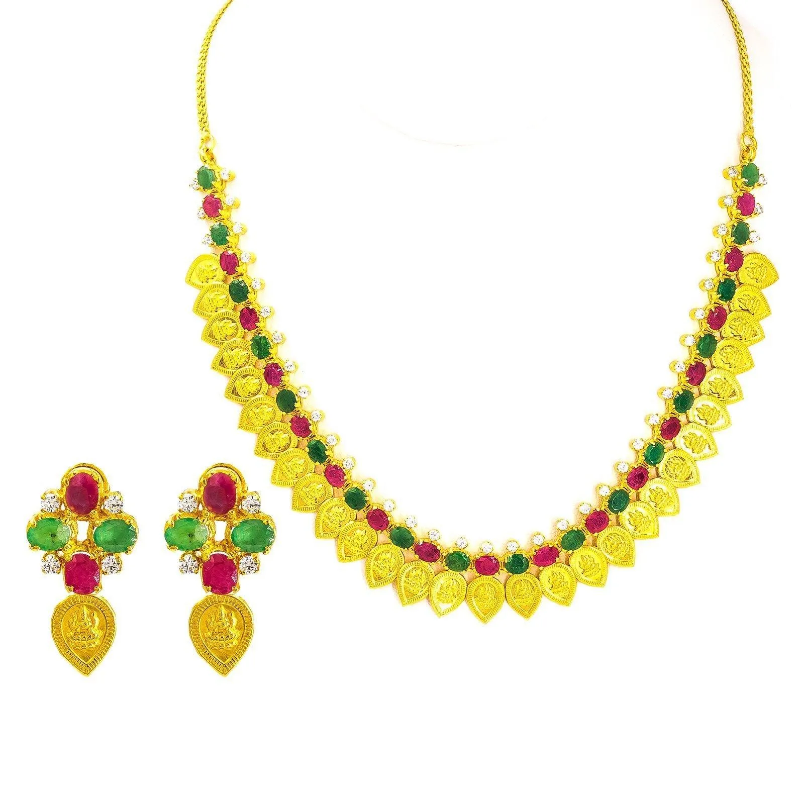 22K Yellow Gold Necklace & Earrings Set W/ Teardrop Laxmi Coins and Ruby, CZ & Emerald Gemstones