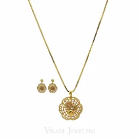 22K Yellow Gold Necklace & Earrings Set W/ Web Pendant & Textured Bead Balls