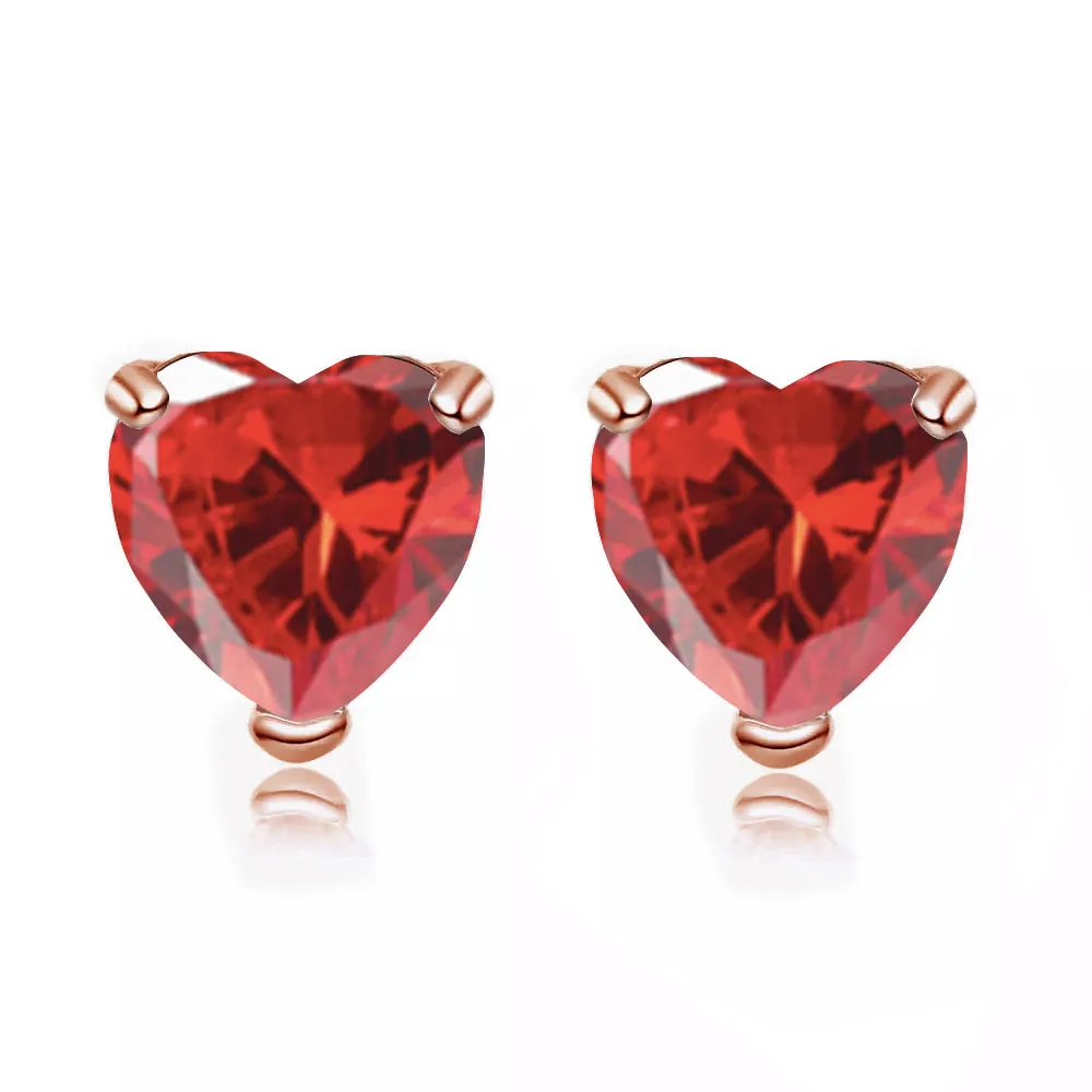 24k Rose Gold Plated 2 Carat Heart Created Ruby Stud Earrings