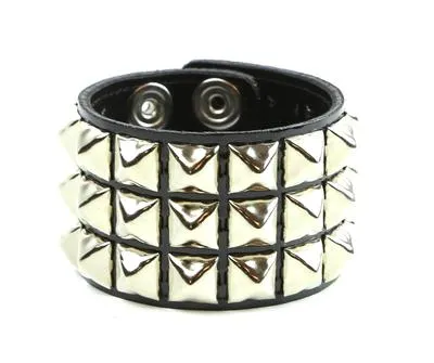 3 Row Shiny Black Patent Leather Pyramid Stud Wristband