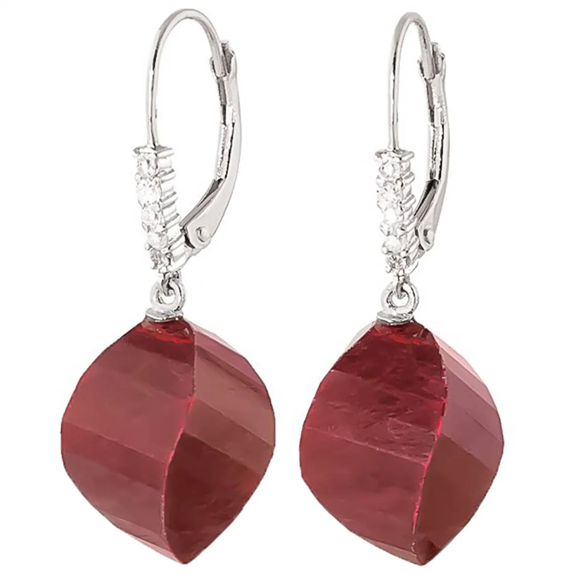 30.65 Carat 14K Solid White Gold Leverback Earrings Diamond Briolette Ruby