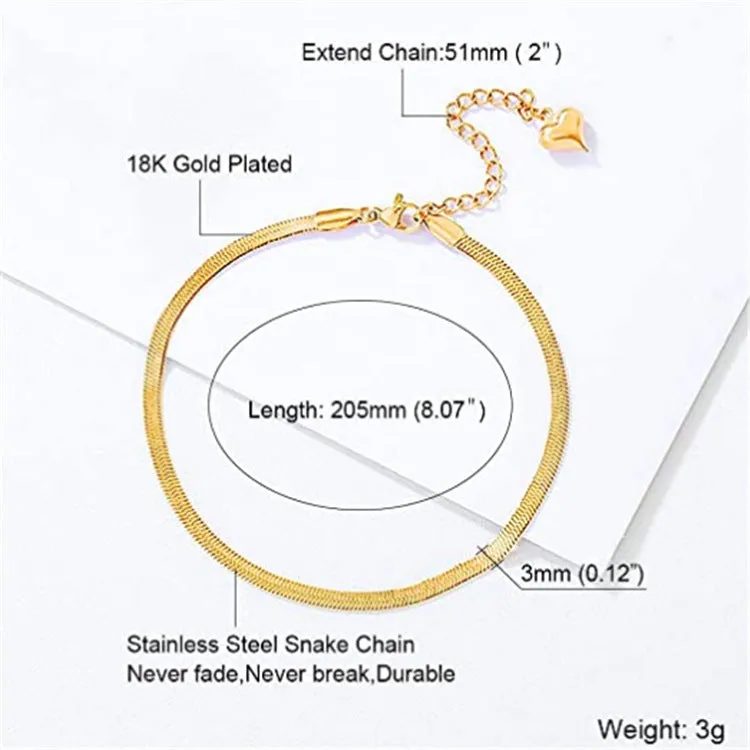 3mm Copper Gold Plated Snake Chain Peach Heart Ladies Anklet