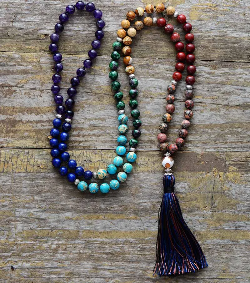 7 Chakra Mala Unique 8MM Natural Stone Long Tassel Necklace Women Meditation Necklace