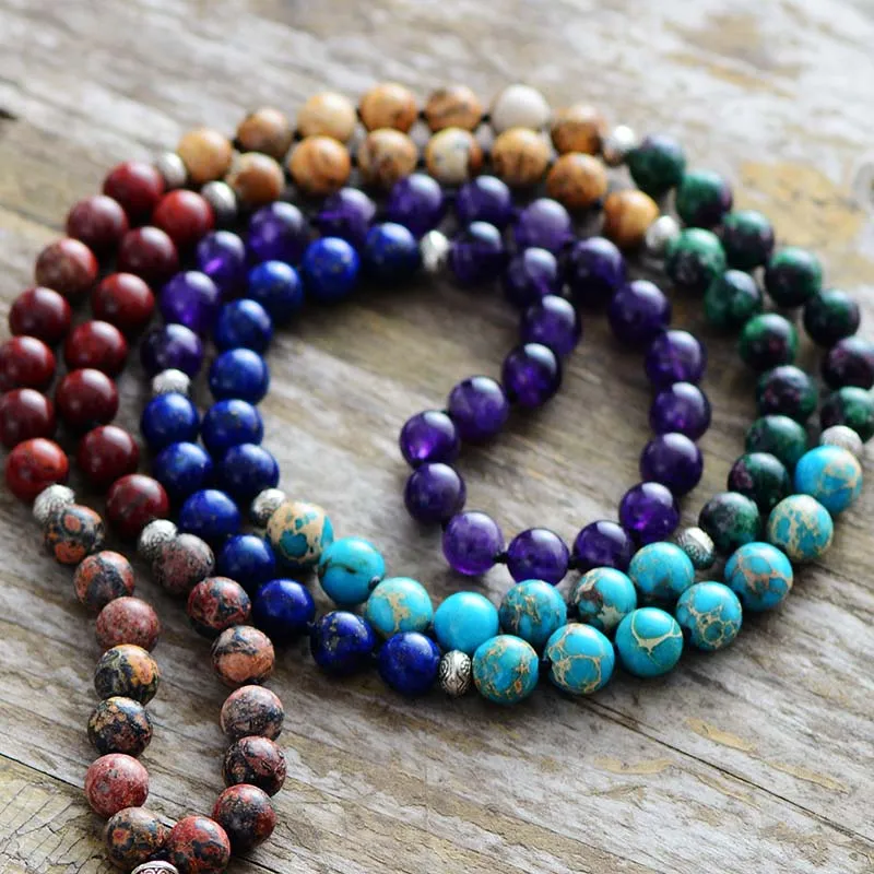 7 Chakra Mala Unique 8MM Natural Stone Long Tassel Necklace Women Meditation Necklace