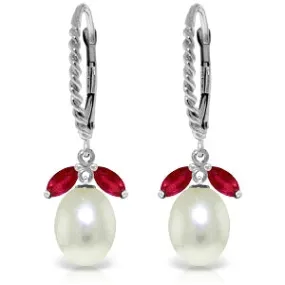 9 Carat 14K Solid White Gold Leverback Earrings Ruby Pearl