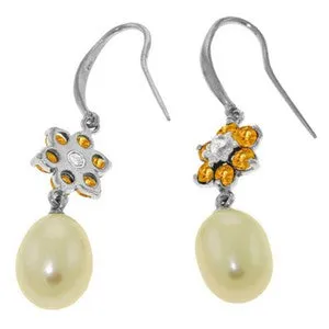 9.01 Carat 14K Solid White Gold Fish Hook Earrings Diamond, Citrine Pearl