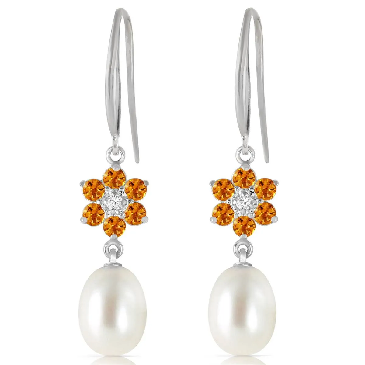 9.01 Carat 14K Solid White Gold Fish Hook Earrings Diamond, Citrine Pearl