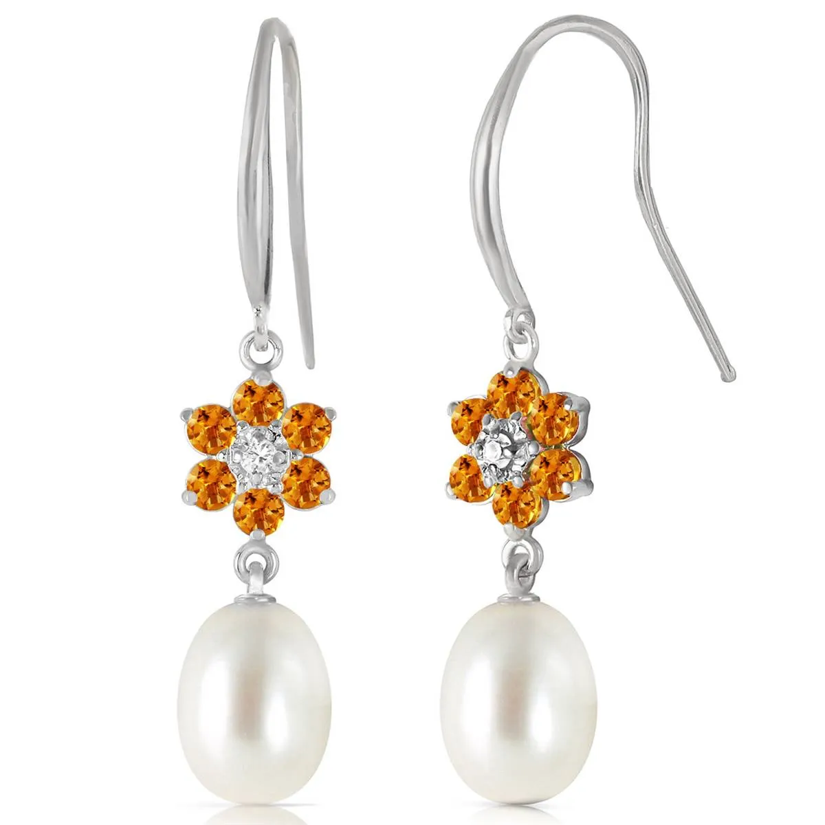 9.01 Carat 14K Solid White Gold Fish Hook Earrings Diamond, Citrine Pearl