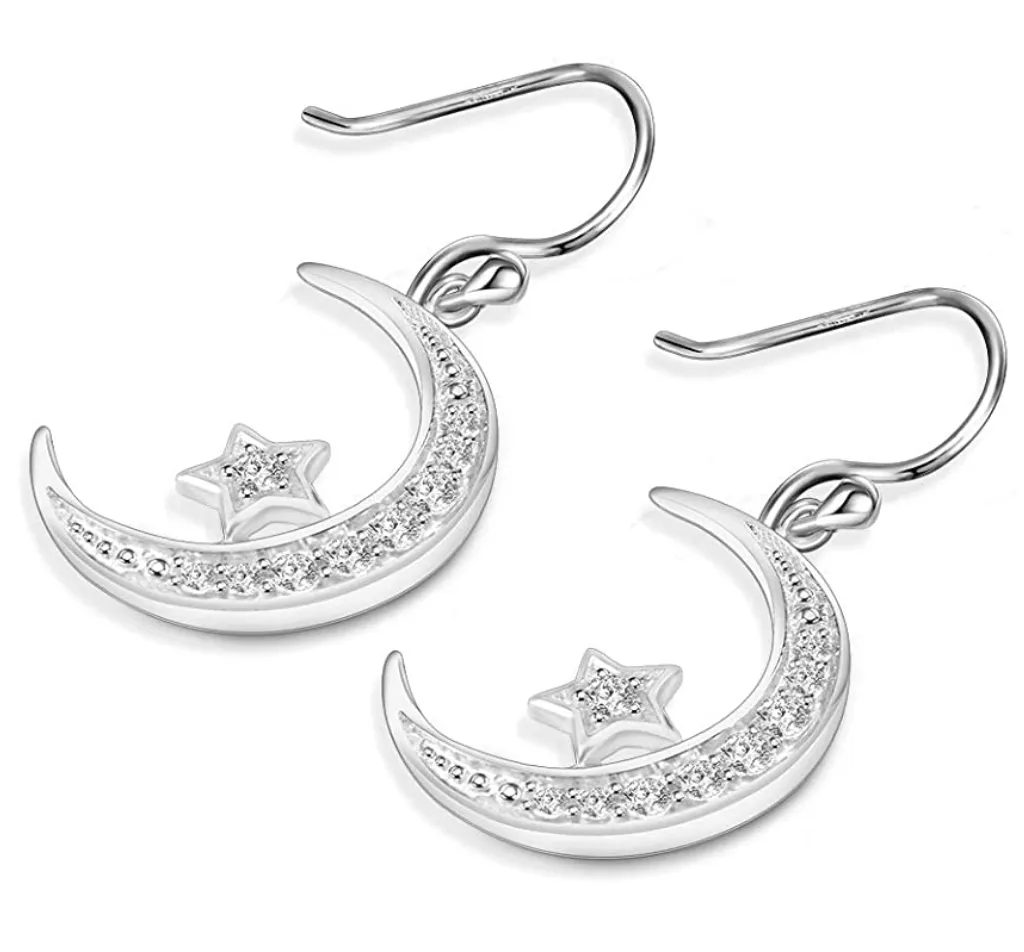 925 Silver Diamond Crescent Moon Star Earrings Islamic Jewelry Muslim Turkish Gift Allah Ear Rings Arabic