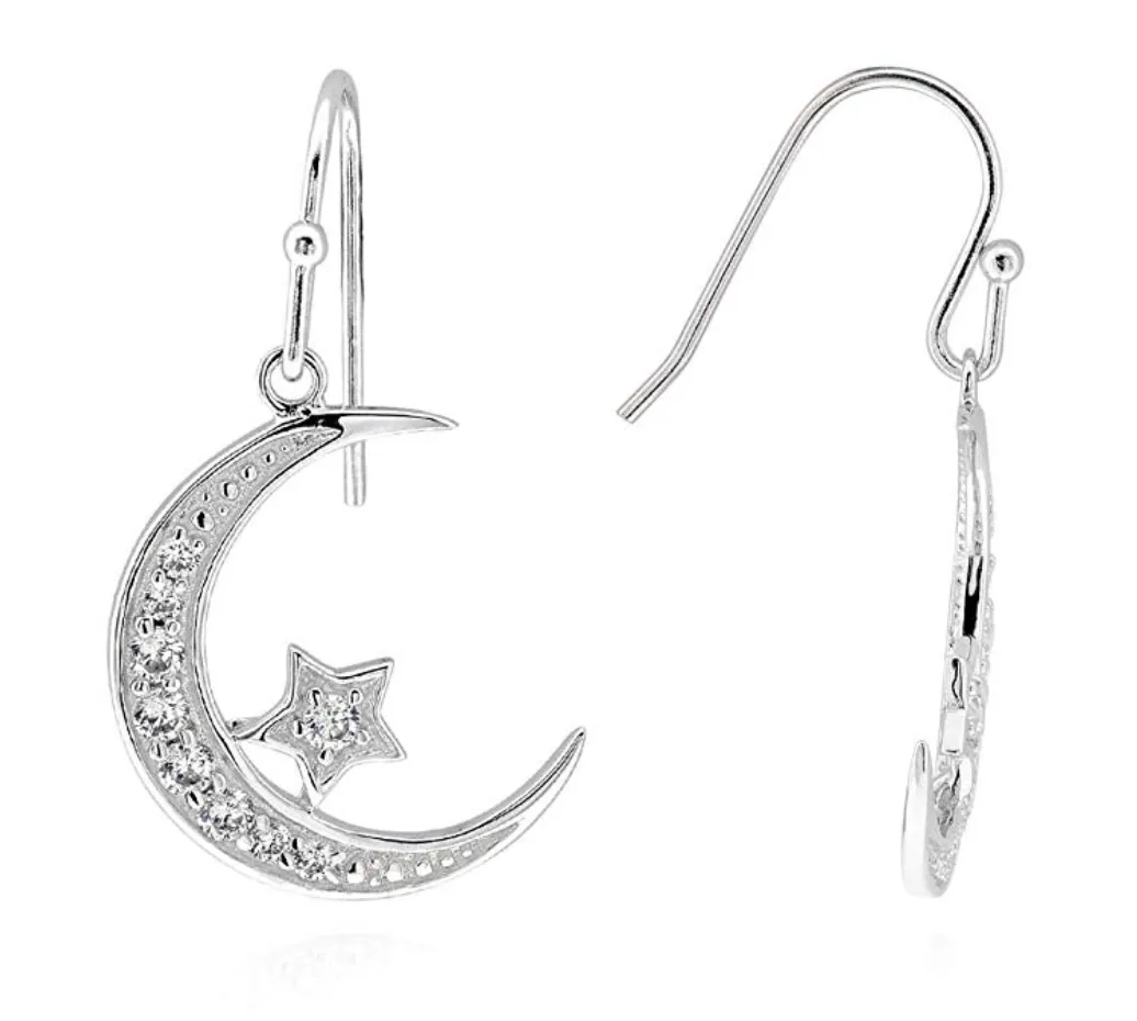 925 Silver Diamond Crescent Moon Star Earrings Islamic Jewelry Muslim Turkish Gift Allah Ear Rings Arabic