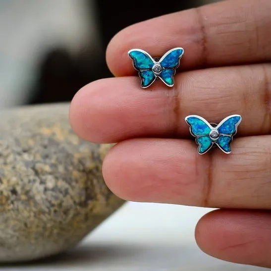 925 Sterling Silver Opal Butterfly Earrings