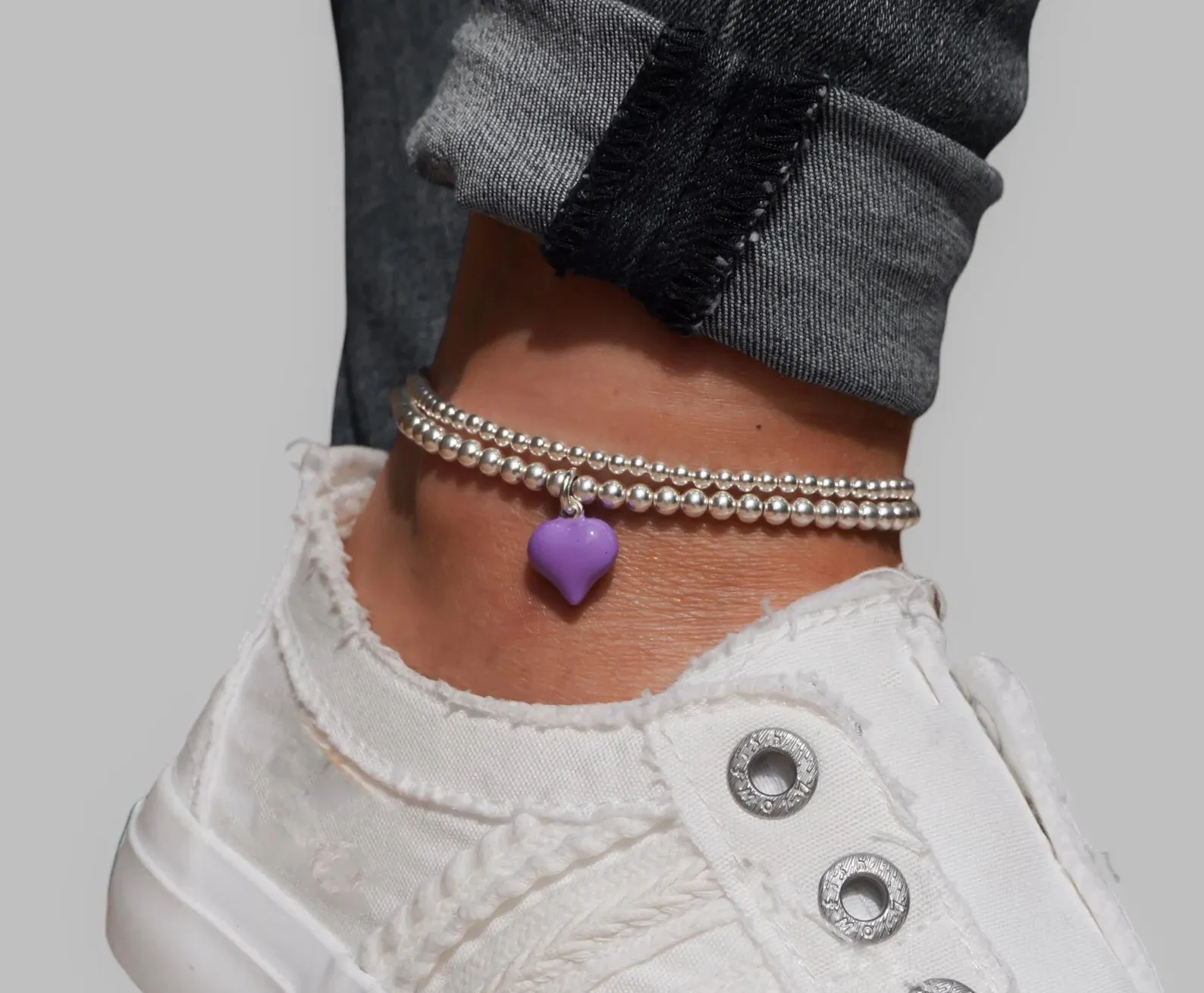 925 Sterling Silver Stretch Purple Heart Anklet, Sterling Silver Anklet, Ankle Bracelet, Heart, Anklet