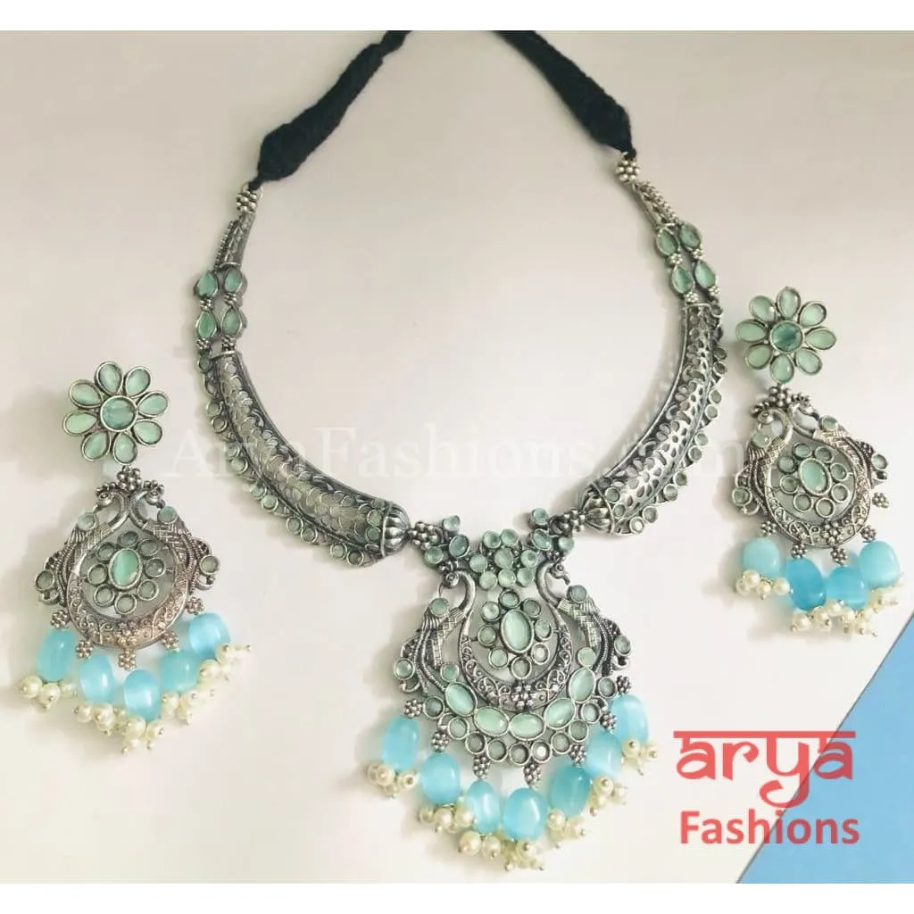 Aarushi Handcarved Stone Pendant Necklace/ Amrapali Silver Oxidized Tribal Necklace