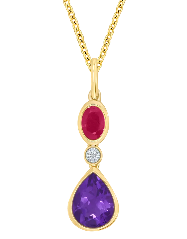 Amethyst Pendant - 10ct Yellow Gold Amethyst, Ruby and Diamond Pendant - 786685