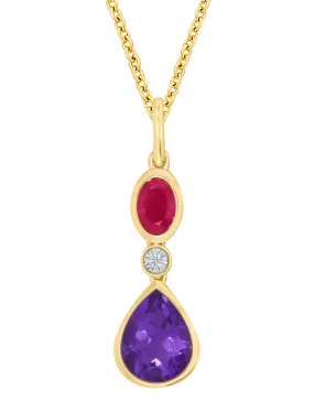 Amethyst Pendant - 10ct Yellow Gold Amethyst, Ruby and Diamond Pendant - 786685