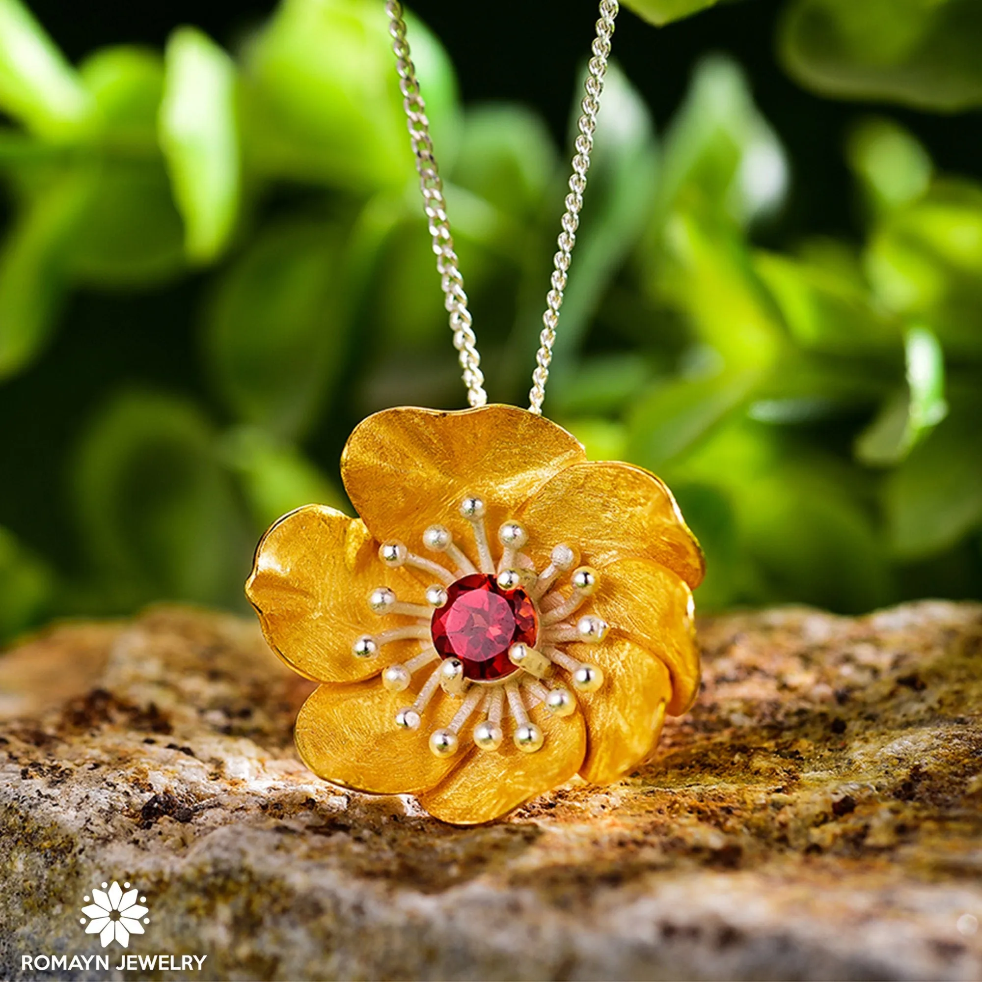 Anemone Flower Garnet Necklace