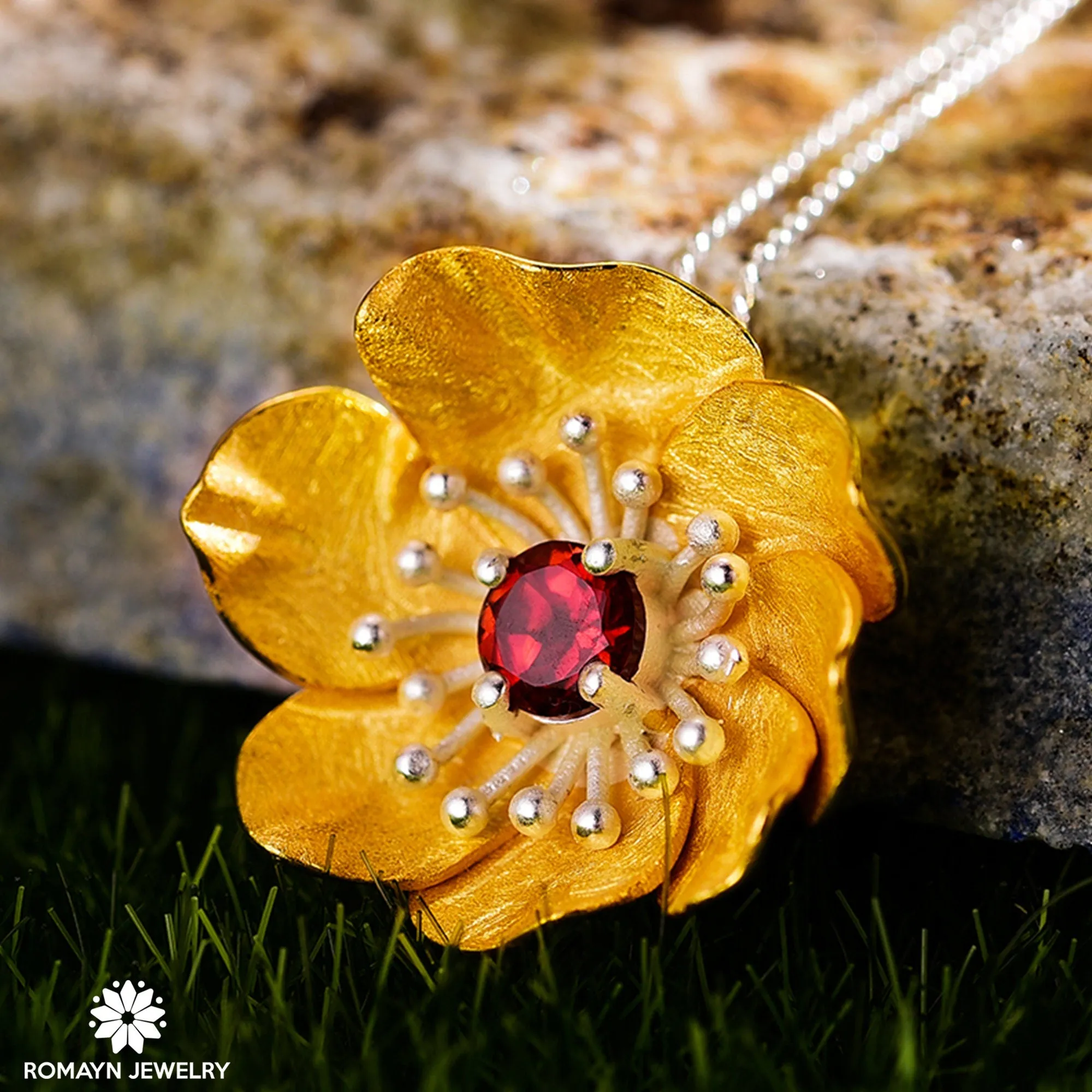 Anemone Flower Garnet Necklace