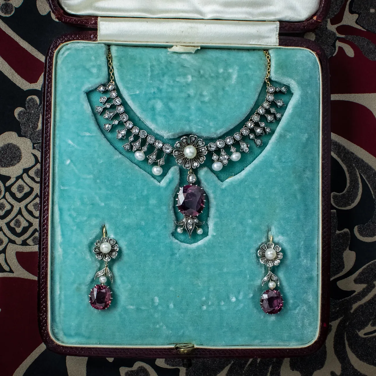 Antique Victorian Garnet Diamond Pearl Necklace And Earrings Suite With Box