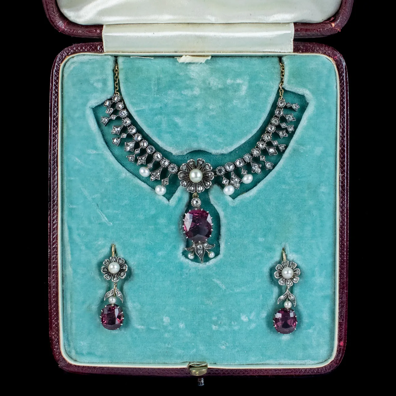 Antique Victorian Garnet Diamond Pearl Necklace And Earrings Suite With Box