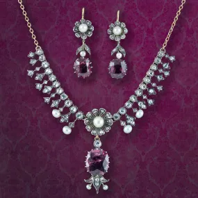 Antique Victorian Garnet Diamond Pearl Necklace And Earrings Suite With Box