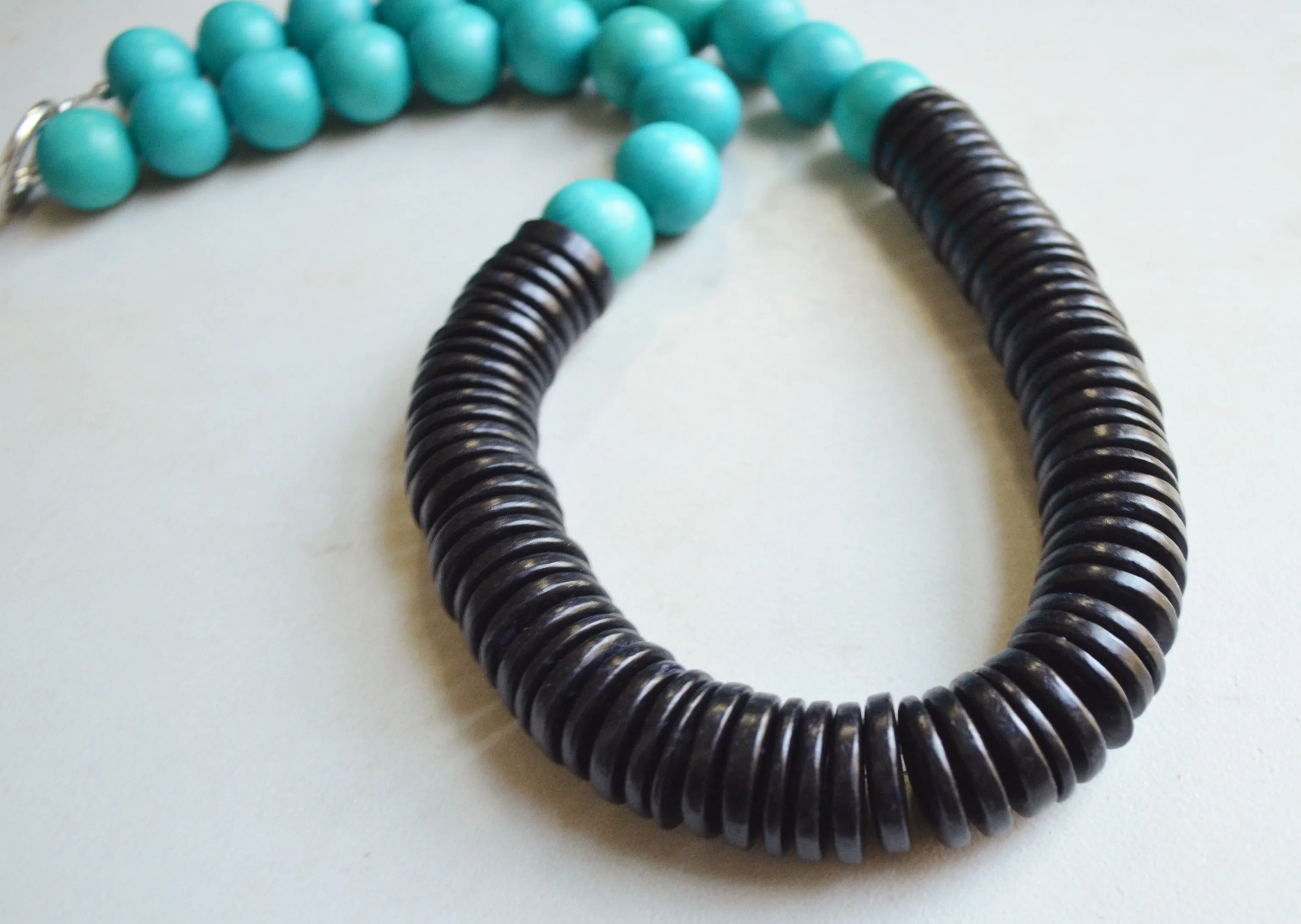 Aqua Blue Black Chunky Wood Long Beaded Statement Necklace - Elena