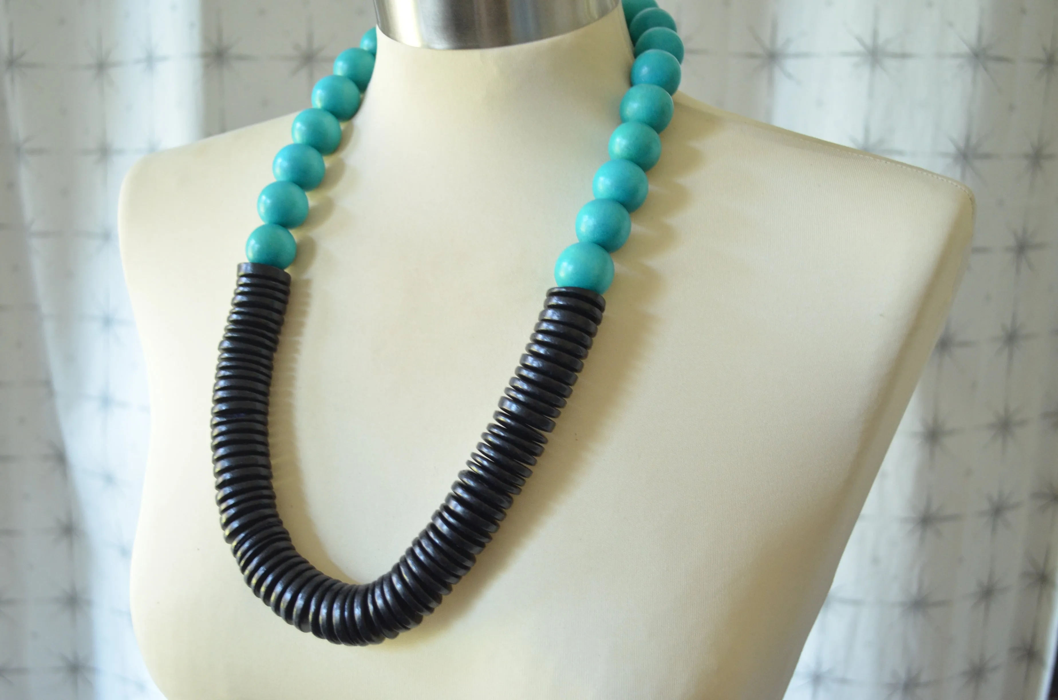 Aqua Blue Black Chunky Wood Long Beaded Statement Necklace - Elena