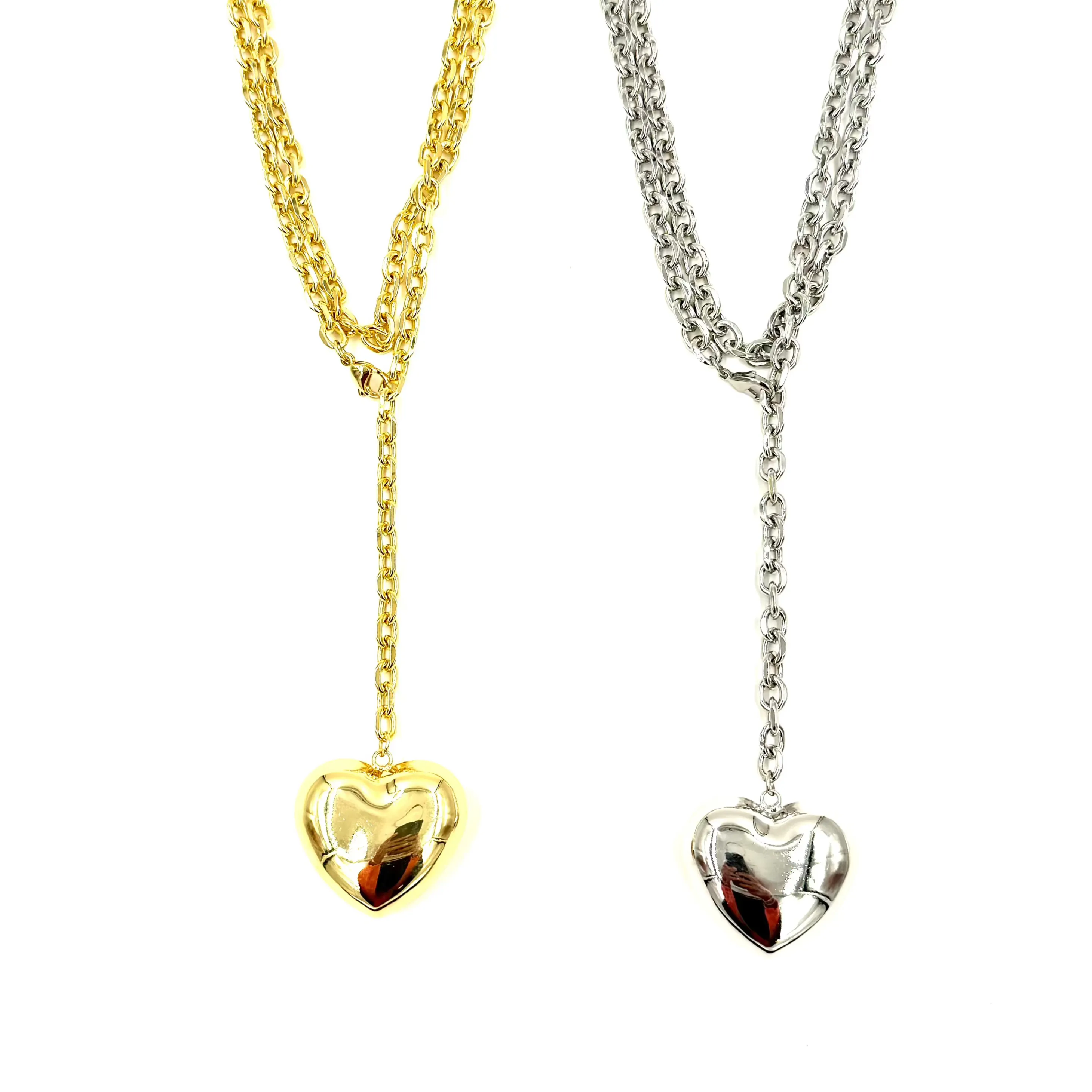 Ashley Gold Large Puff Heart Design Link Lariat Necklace