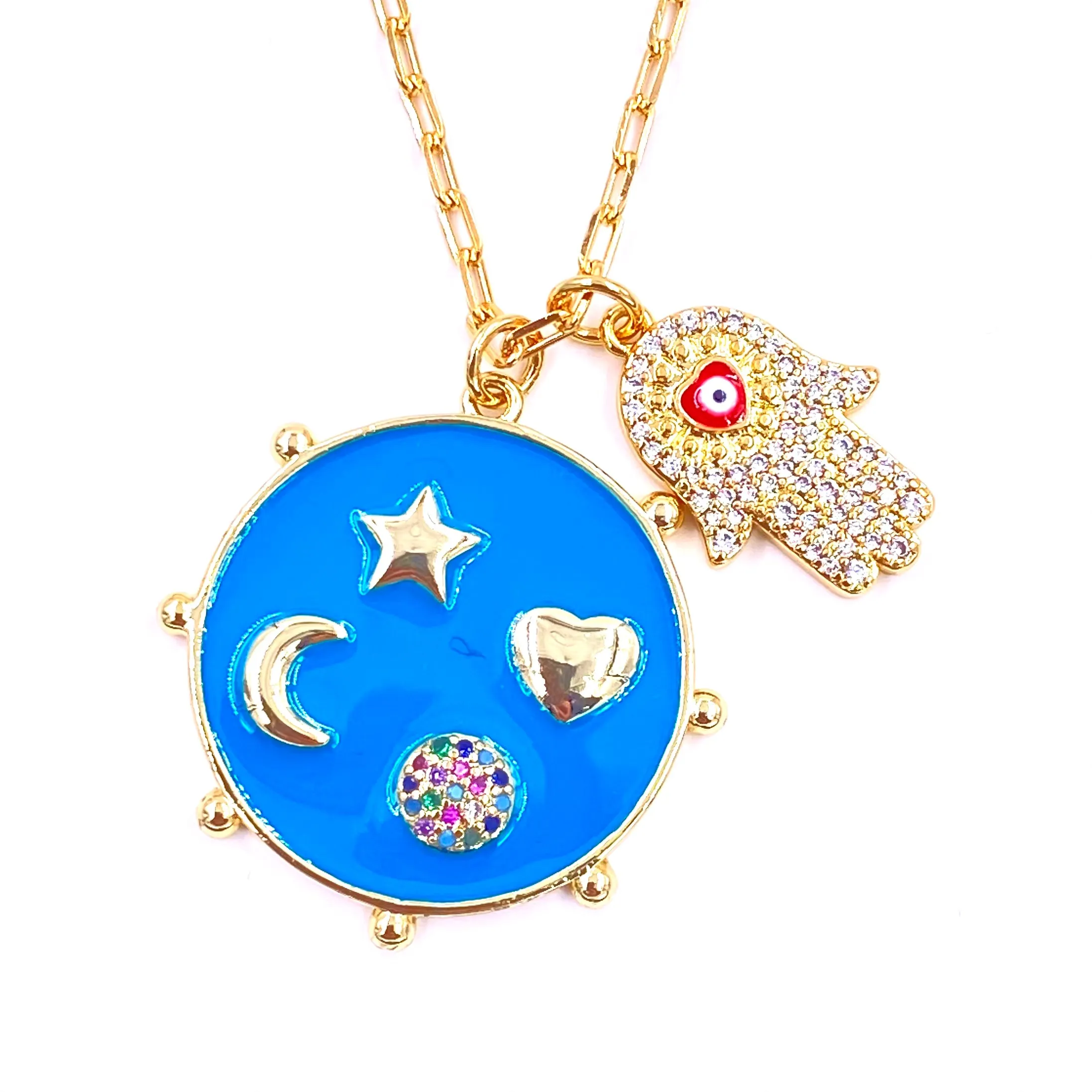 Ashley Gold Stainless Steel Gold Plated Blue Enamel Shape Pendant And CZ Hamsa Hand With Evil Eye Charm Necklace