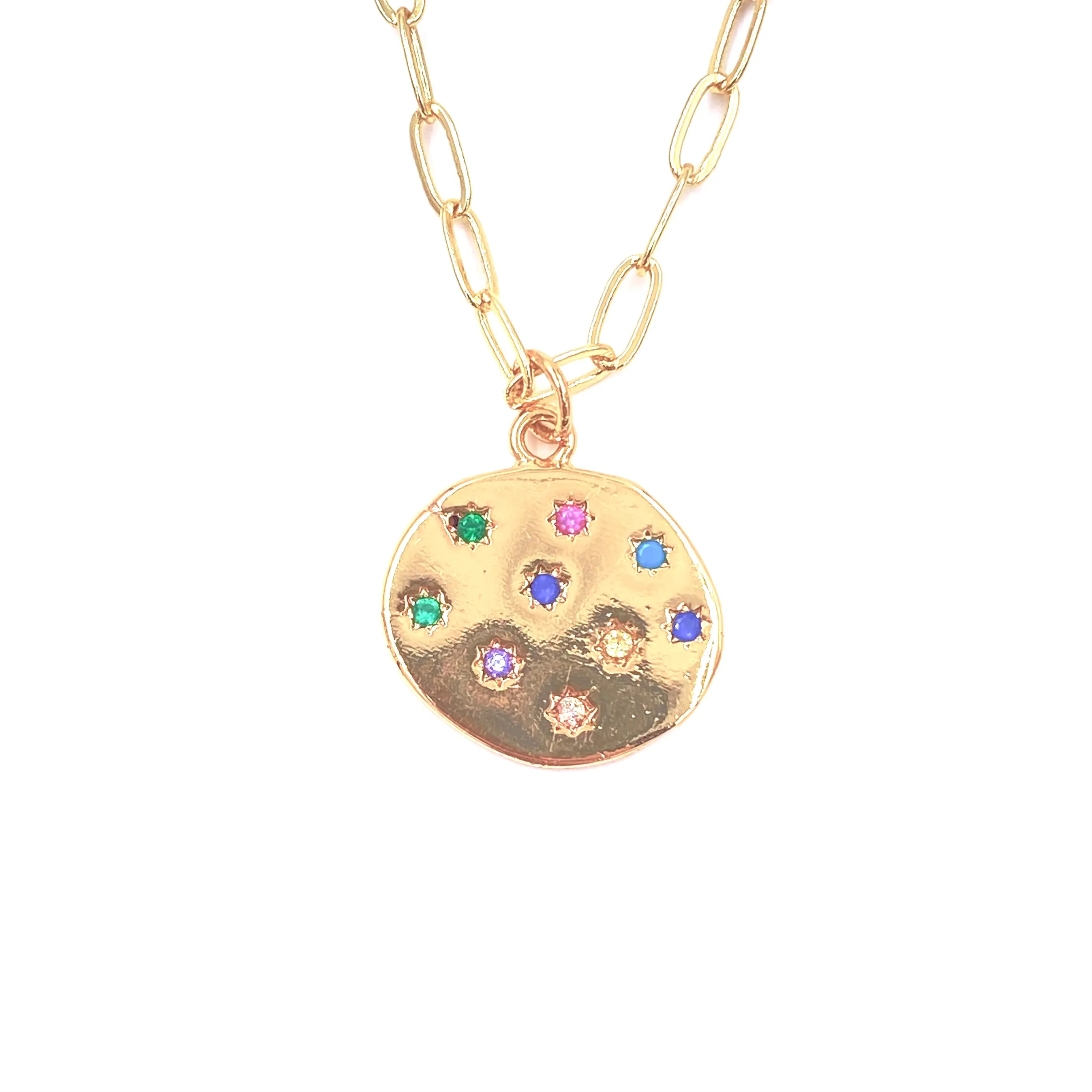 Ashley Gold Stainless Steel Gold Plated Colored CZ Disc Pendant Necklace