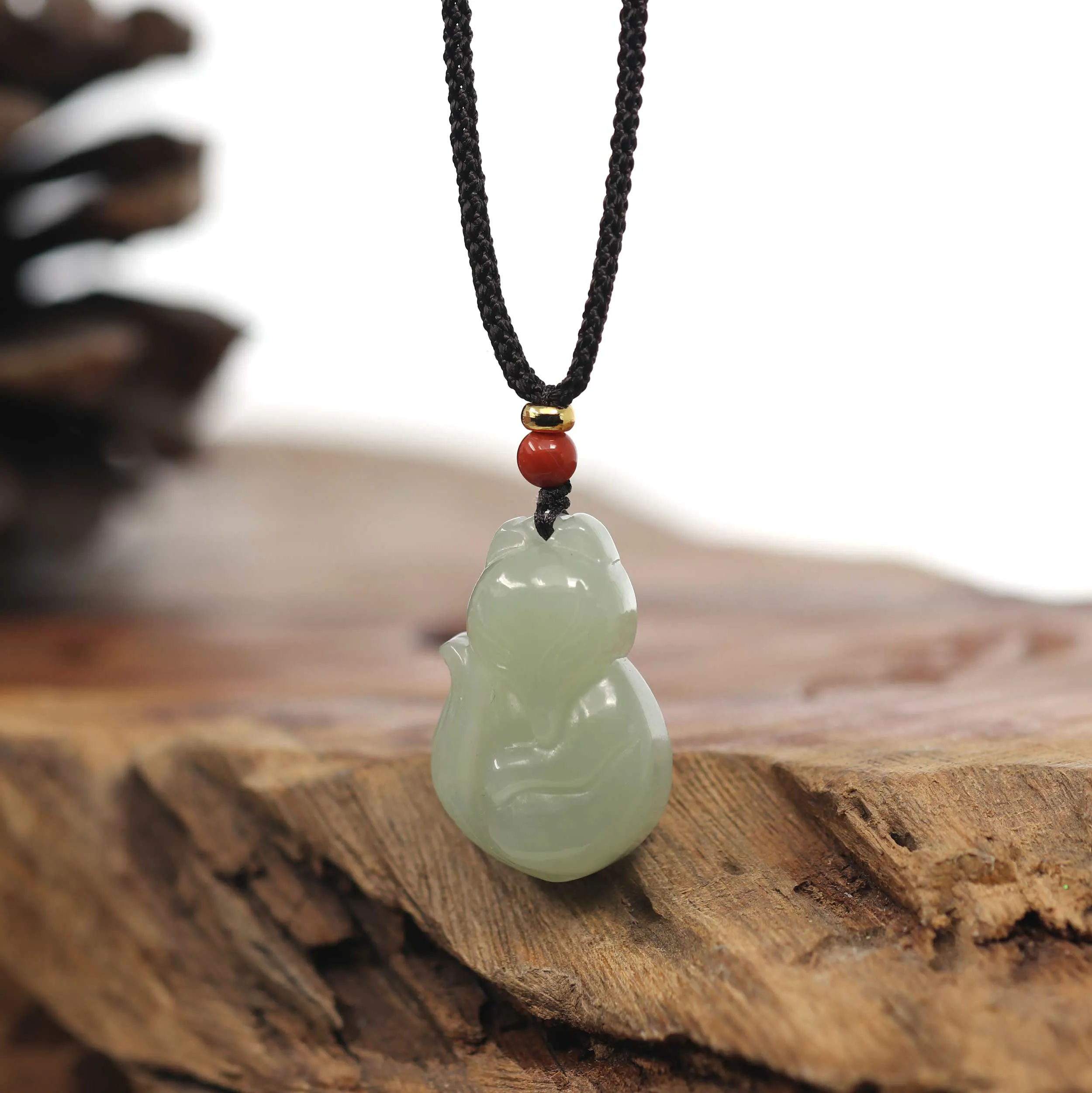 Baikalla Genuine Nephrite Jade Cute Fox Carving Pendant Necklace