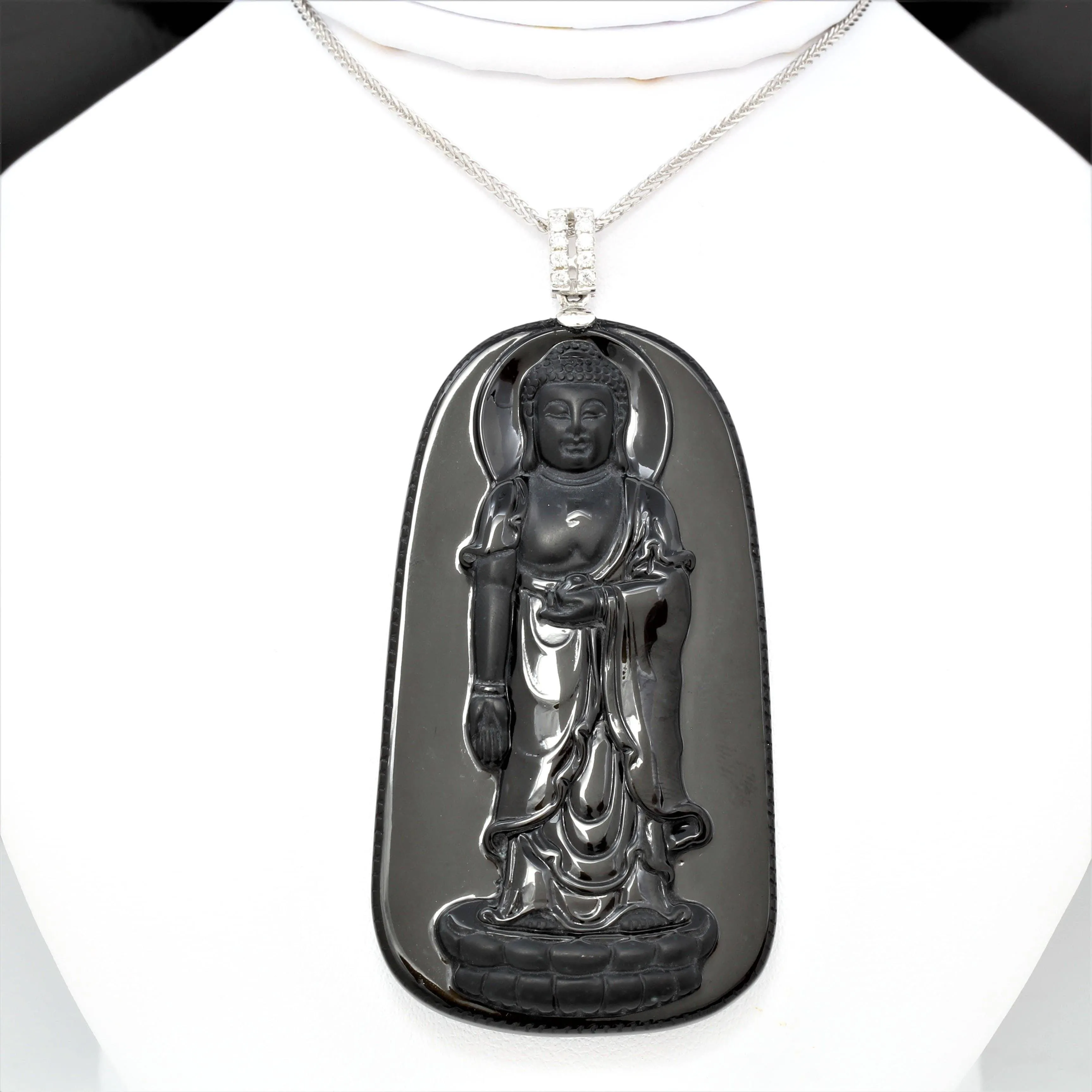 Baikalla™ "Guan Yin" 18k Rose Gold Genuine Burmese Black Jadeite Buddha Guanyin Pendant Necklace With Diamonds ( high quality )