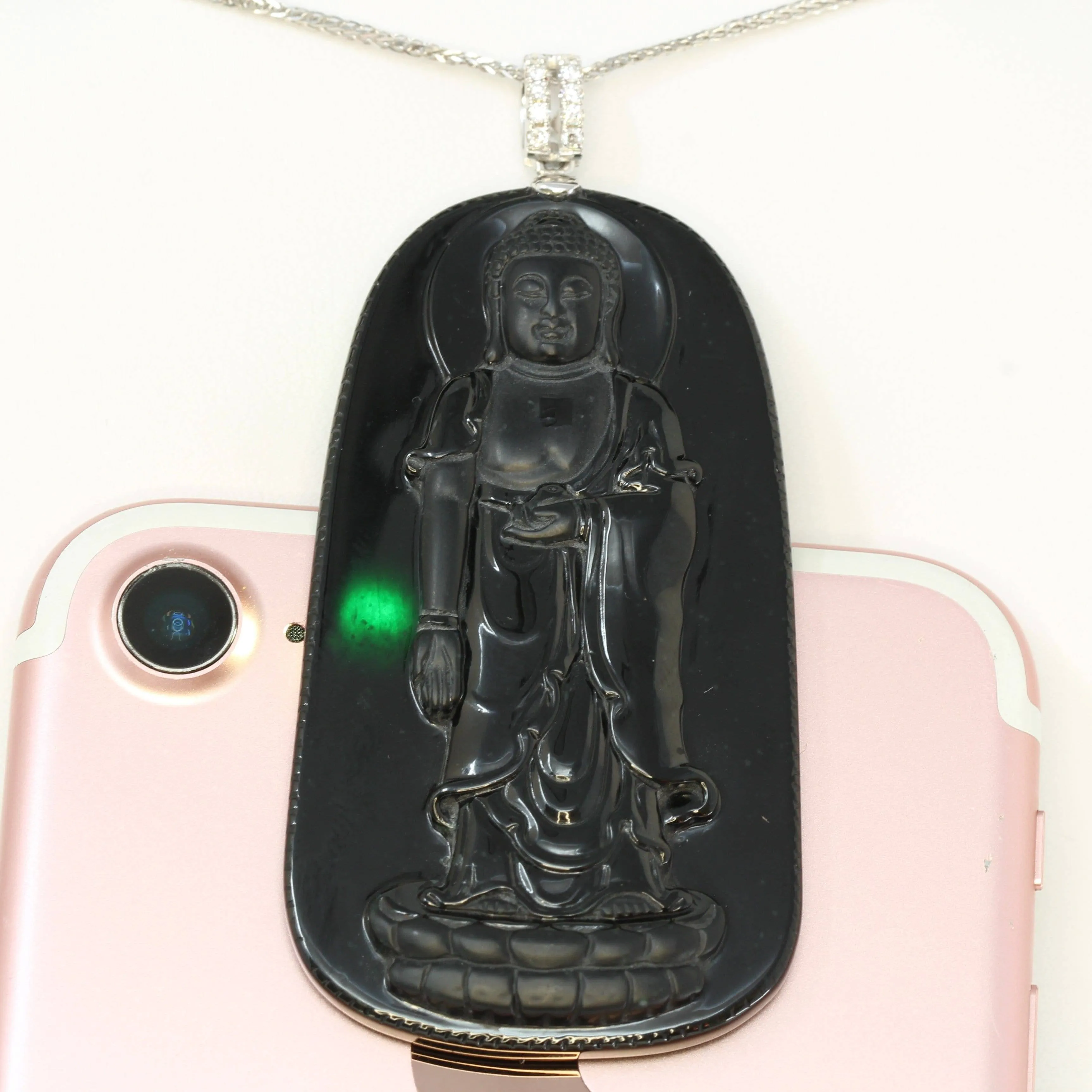 Baikalla™ "Guan Yin" 18k Rose Gold Genuine Burmese Black Jadeite Buddha Guanyin Pendant Necklace With Diamonds ( high quality )