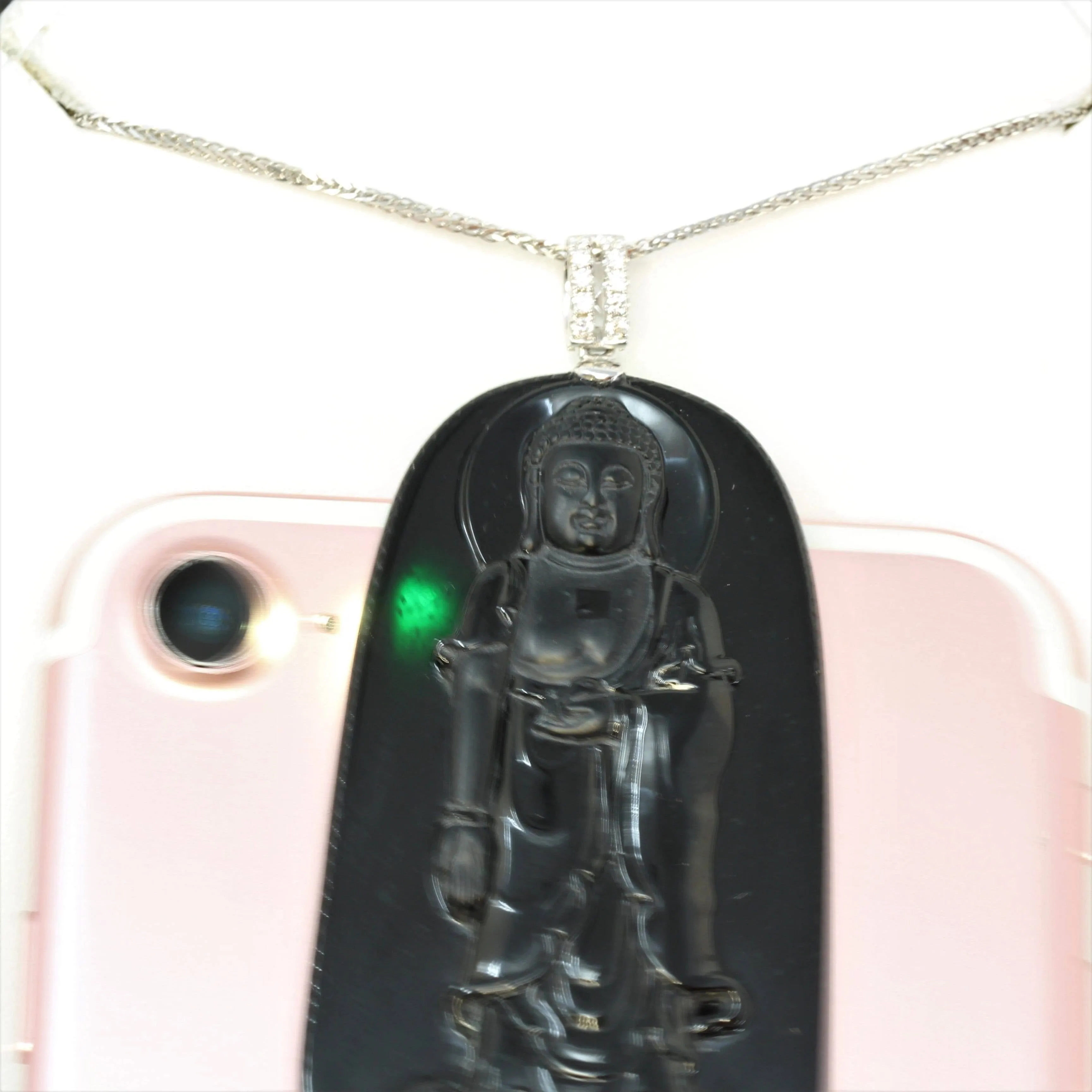 Baikalla™ "Guan Yin" 18k Rose Gold Genuine Burmese Black Jadeite Buddha Guanyin Pendant Necklace With Diamonds ( high quality )