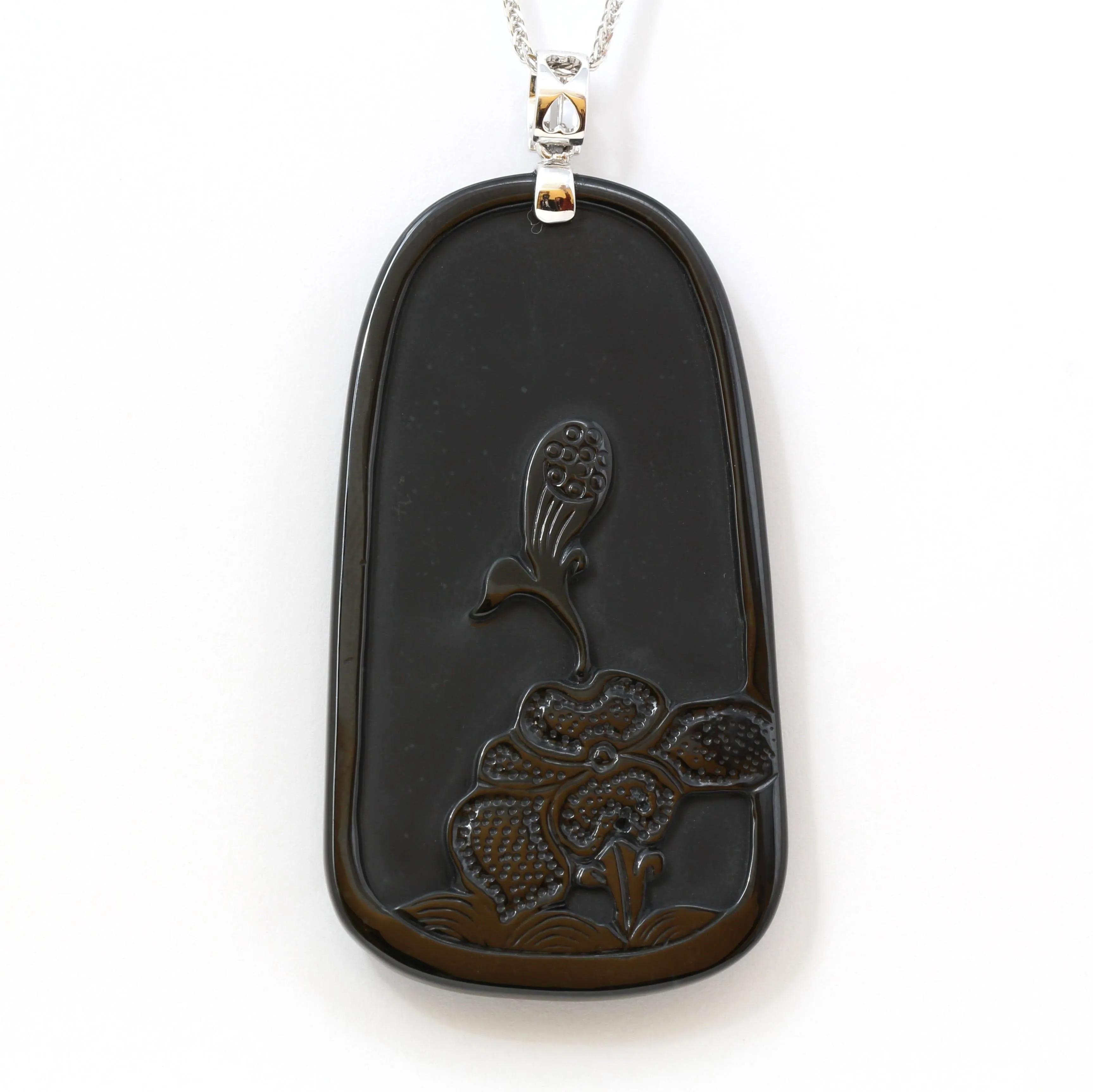 Baikalla™ "Guan Yin" 18k Rose Gold Genuine Burmese Black Jadeite Buddha Guanyin Pendant Necklace With Diamonds ( high quality )