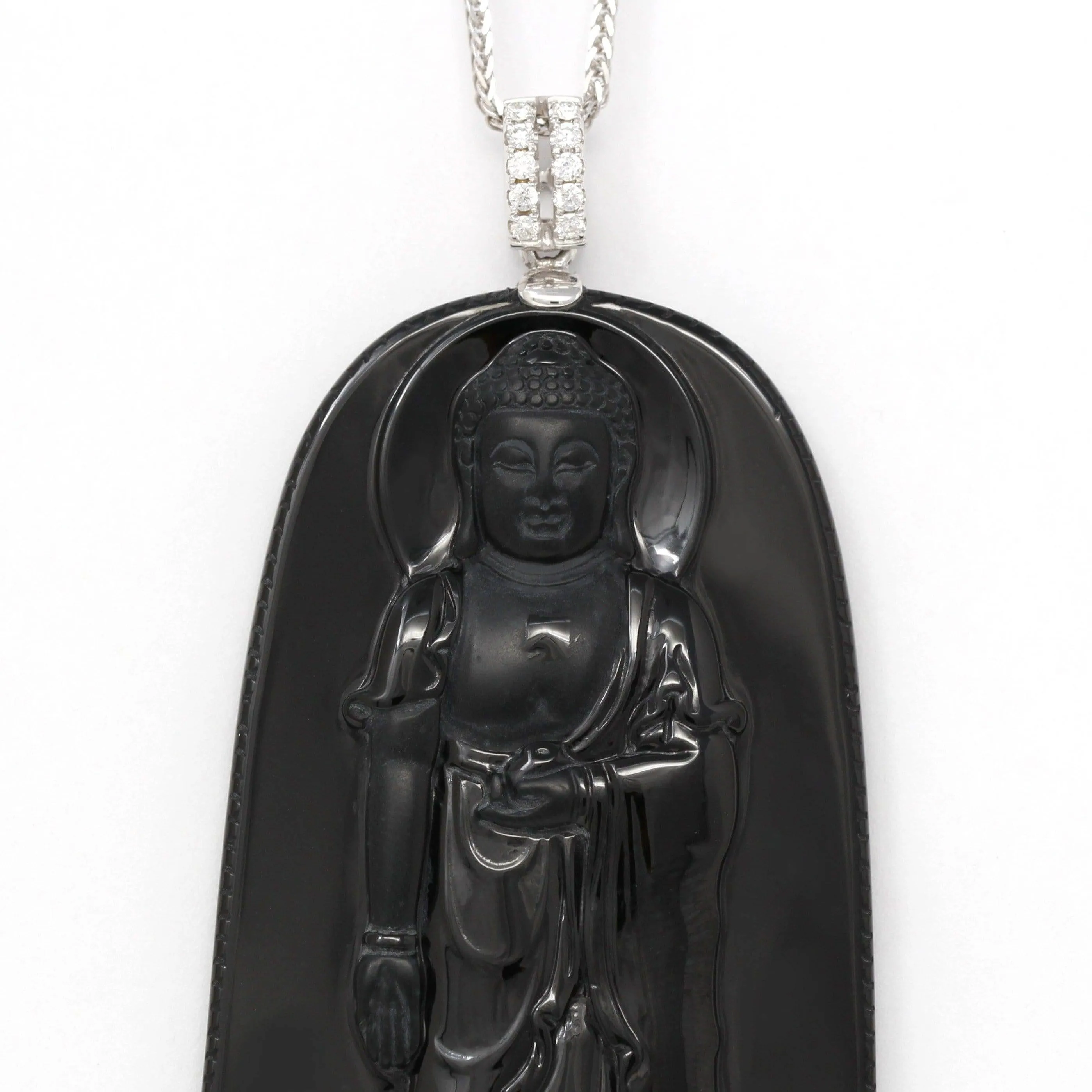 Baikalla™ "Guan Yin" 18k Rose Gold Genuine Burmese Black Jadeite Buddha Guanyin Pendant Necklace With Diamonds ( high quality )