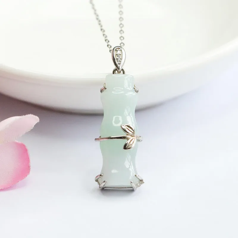 Bamboo Necklace with Natural Jade Pendant in Sterling Silver