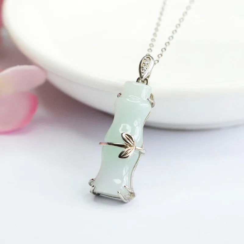 Bamboo Necklace with Natural Jade Pendant in Sterling Silver