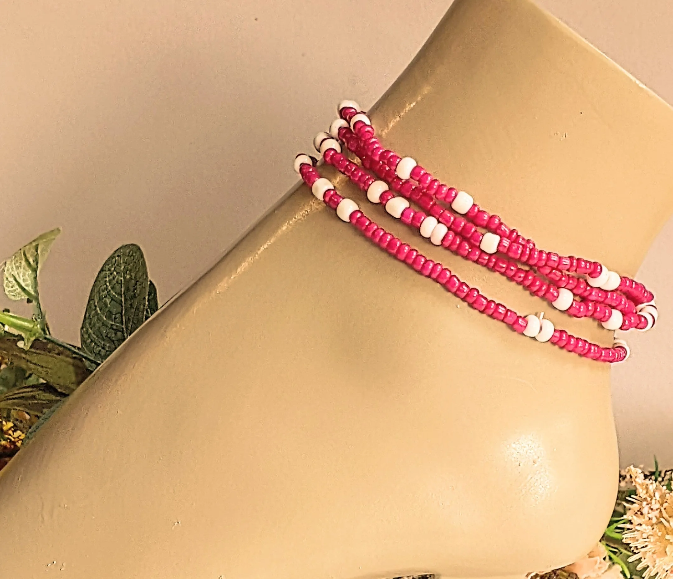 Beaded Stretch Cord Anklet-Fuchsia